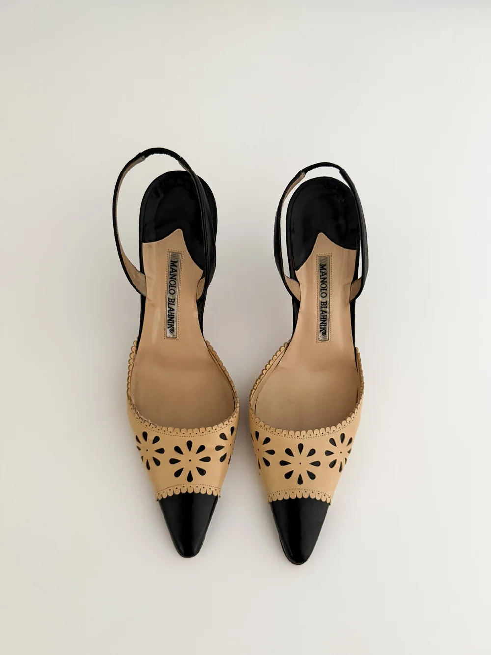 Manolo Blahnik Iconic Two-Tone Eyelet Slingback Mule Heels
